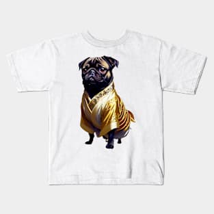 The Regal Pug: Adorned in a Golden Kimono Kids T-Shirt